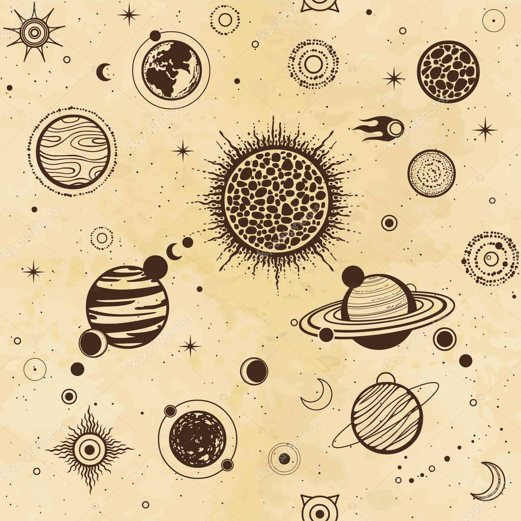 Seamless background: cartoon planets of solar system. Space symbols. Background - imitation of old paper. Vector illustration.