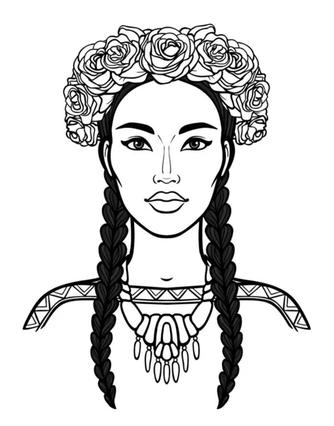 Карикатурный Портрет Молодой Красивой Девушки Старинном Ожерелье Короне Роз Линейный — стоковый вектор