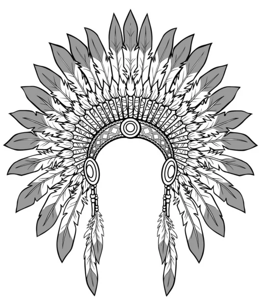 Linear Monochrome Drawing Ancient American Indian Head Dress Vector Illustration — Stock Vector