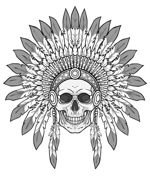 Animation portrait: human skull  in ancient American Indian head dress. Linear monochrome drawing. Vector illustration isolated on a white background. Print, poster, T-shirt, postcard.