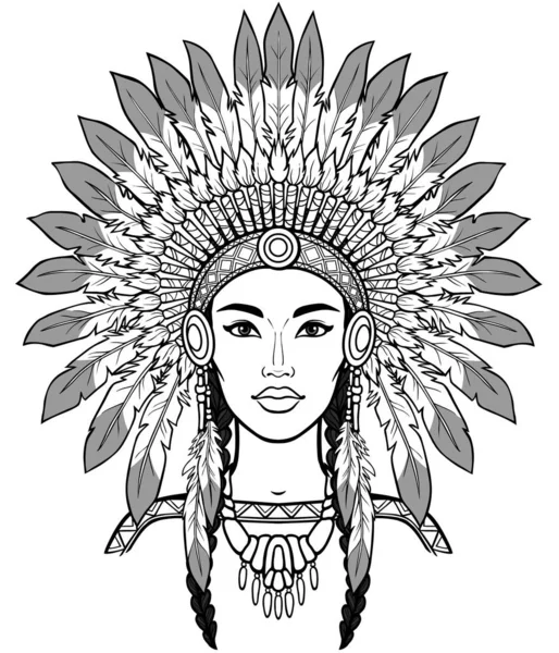 古代の頭のドレスで美しいアメリカインディアンの女性のアニメーションの肖像画 単色線画 白い背景にベクトルイラストが孤立しています ポスター Tシャツ ポストカード — ストックベクタ