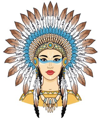 Antik kafa elbisesi giymiş güzel bir Amerikan kadınının animasyon portresi. Renkli çizim. Beyaz arkaplanda izole edilmiş vektör illüstrasyonu. Yazdır, poster, tişört, kartpostal.