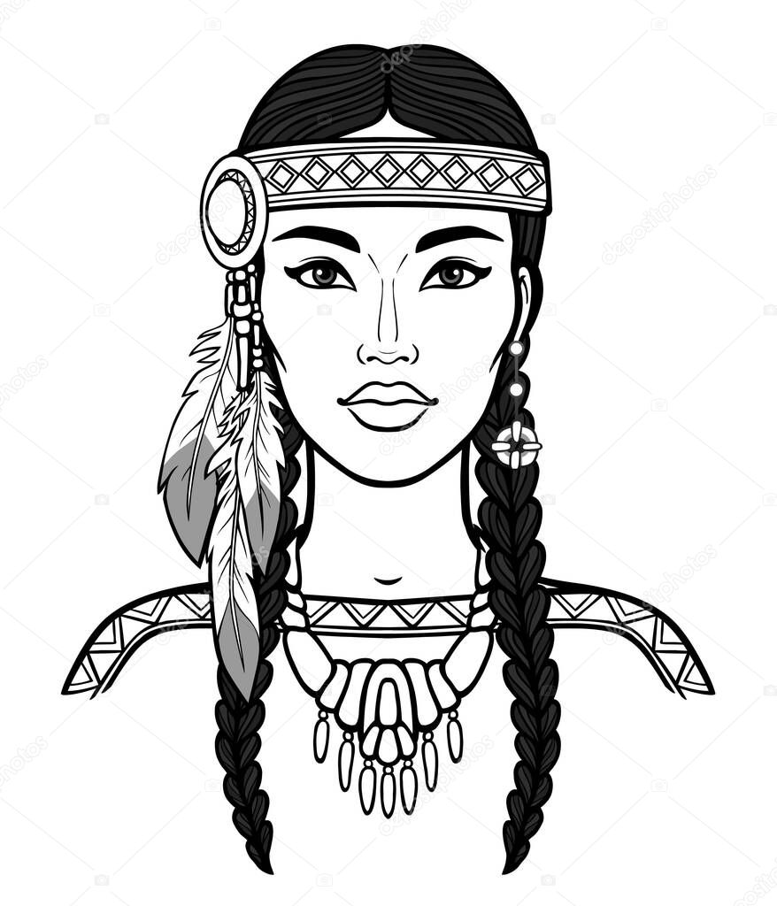 Animation portrait of a beautiful American Indian woman in ancient head dress. Linear monochrome drawing. Vector illustration isolated on a white background. Print, poster, T-shirt, postcard.