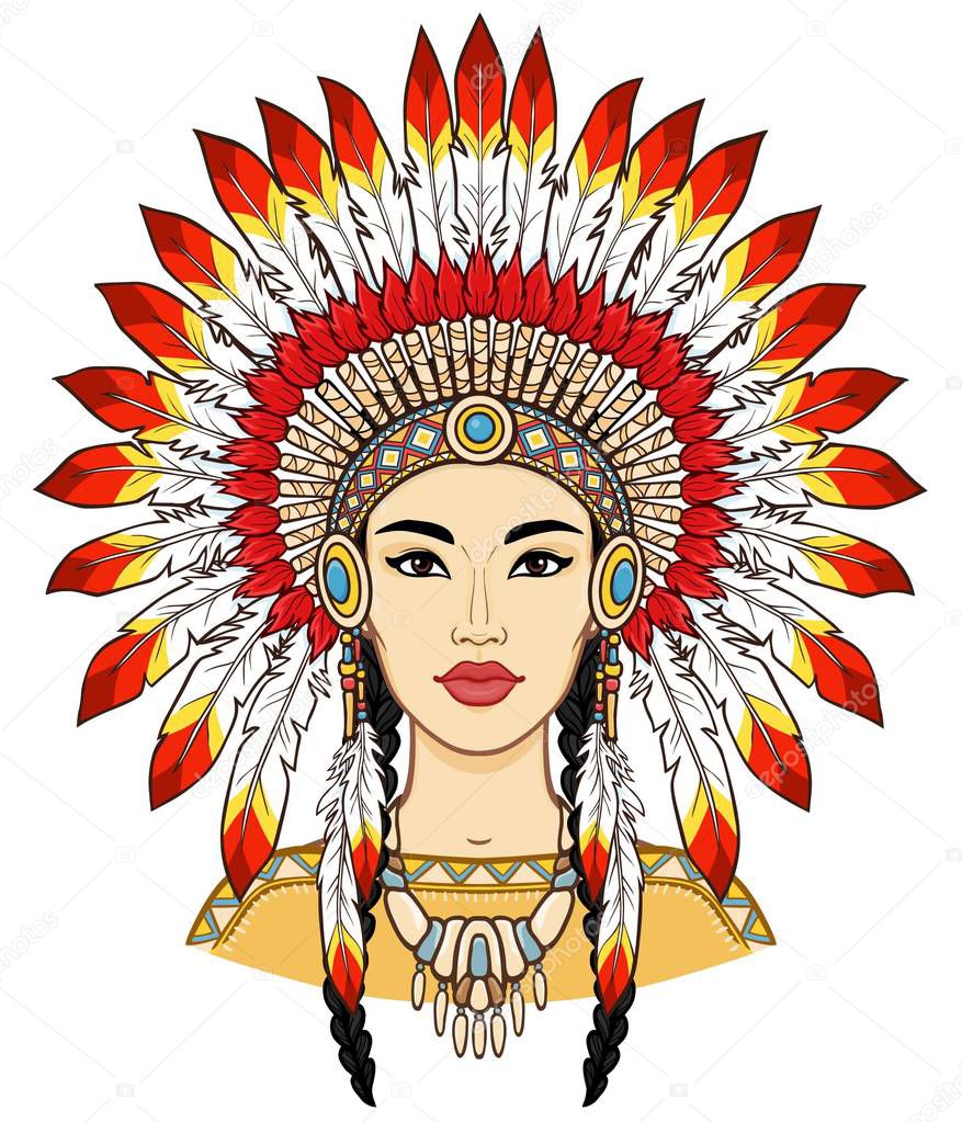 Animation portrait of a beautiful American Indian woman in ancient head dress. Color drawing. Vector illustration isolated on a white background. Print, poster, T-shirt, postcard.