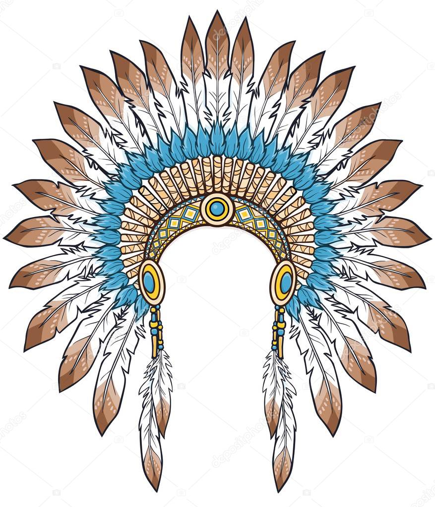 Color drawing: ancient American Indian head dress.  Vector illustration isolated on a white background. Print, poster, T-shirt, postcard.