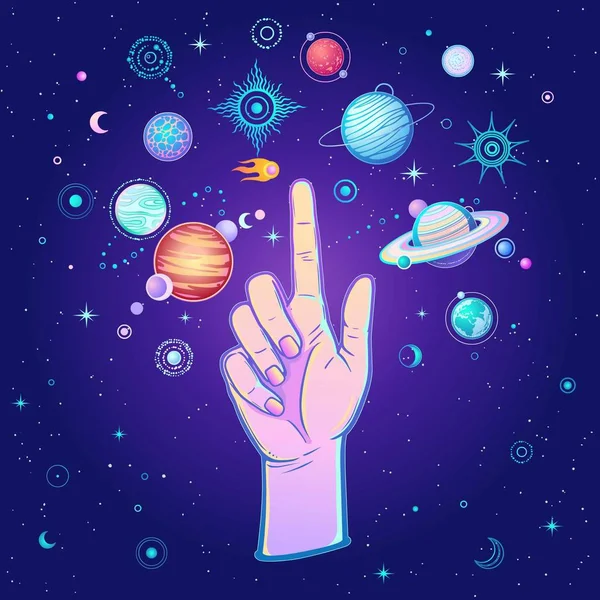 Mystische Zeichnung Menschliche Hand Zeigt Weltraumsymbole Planeten Sterne Sonnensystem Farbvektorabbildung — Stockvektor