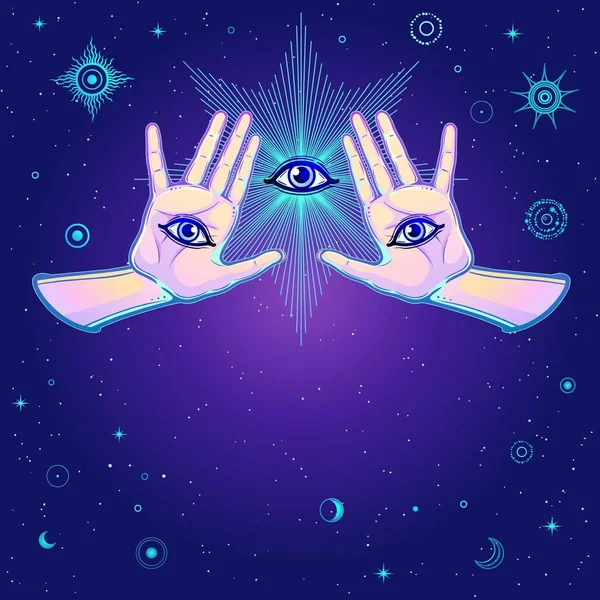 Desen Mistic Mâinile Femeilor Ochiul Atotvăzător Strălucirea Luminii Alchimie Magie — Vector de stoc