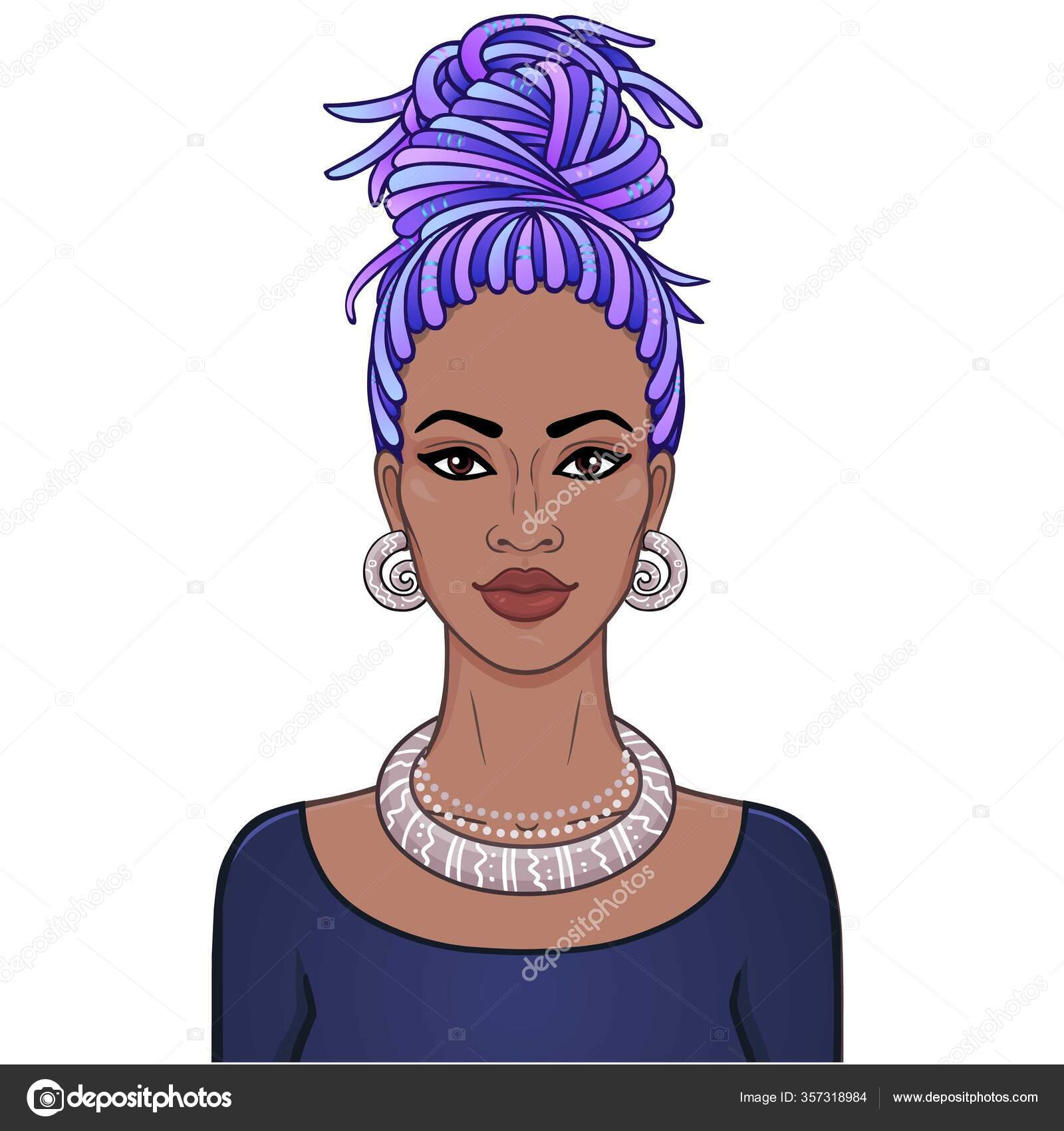Animation Portrait Young Black Woman Blue Hair Template Use Vector