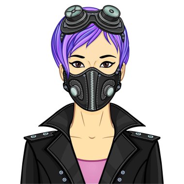 Koruyucu deri maskeli ve steampunk gözlüklü genç bir Asyalı kadının karikatür portresi. Kullanım şablonu. Vektör illüstrasyonu beyaz arkaplanda izole edildi.