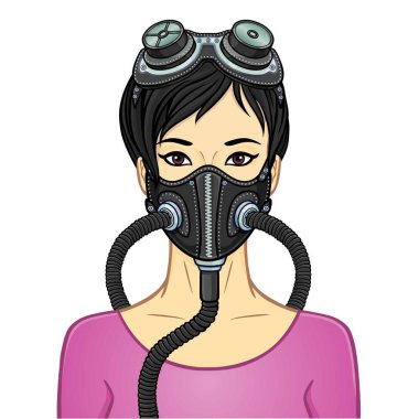 Koruyucu deri maskeli ve steampunk gözlüklü genç bir Asyalı kadının karikatür portresi. Kullanım şablonu. Vektör illüstrasyonu beyaz arkaplanda izole edildi.