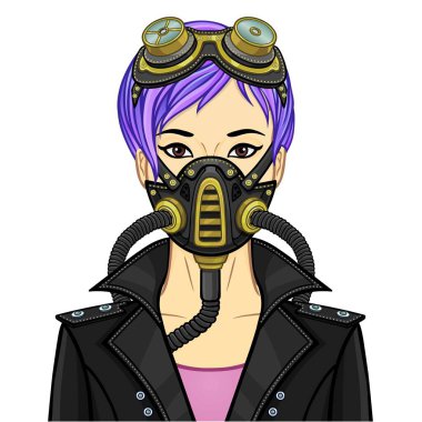 Koruyucu deri maskeli ve steampunk gözlüklü genç bir Asyalı kadının karikatür portresi. Kullanım şablonu. Vektör illüstrasyonu beyaz arkaplanda izole edildi.