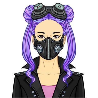 Koruyucu deri maskeli ve steampunk gözlüklü genç bir Asyalı kadının karikatür portresi. Kullanım şablonu. Vektör illüstrasyonu beyaz arkaplanda izole edildi.