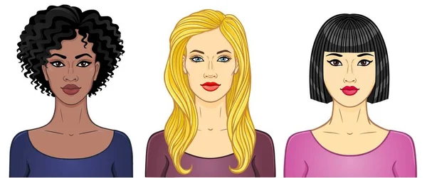 Set Cartoon Portretten Vrouwen Van Verschillende Uiterlijk Nationaliteit Model Voor — Stockvector