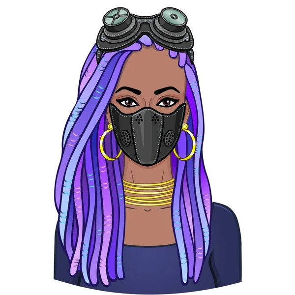 Cartoon Portrait Young Black Woman Protective Leather Mask Steampunk Glasses Royalty Free Stock Vectors
