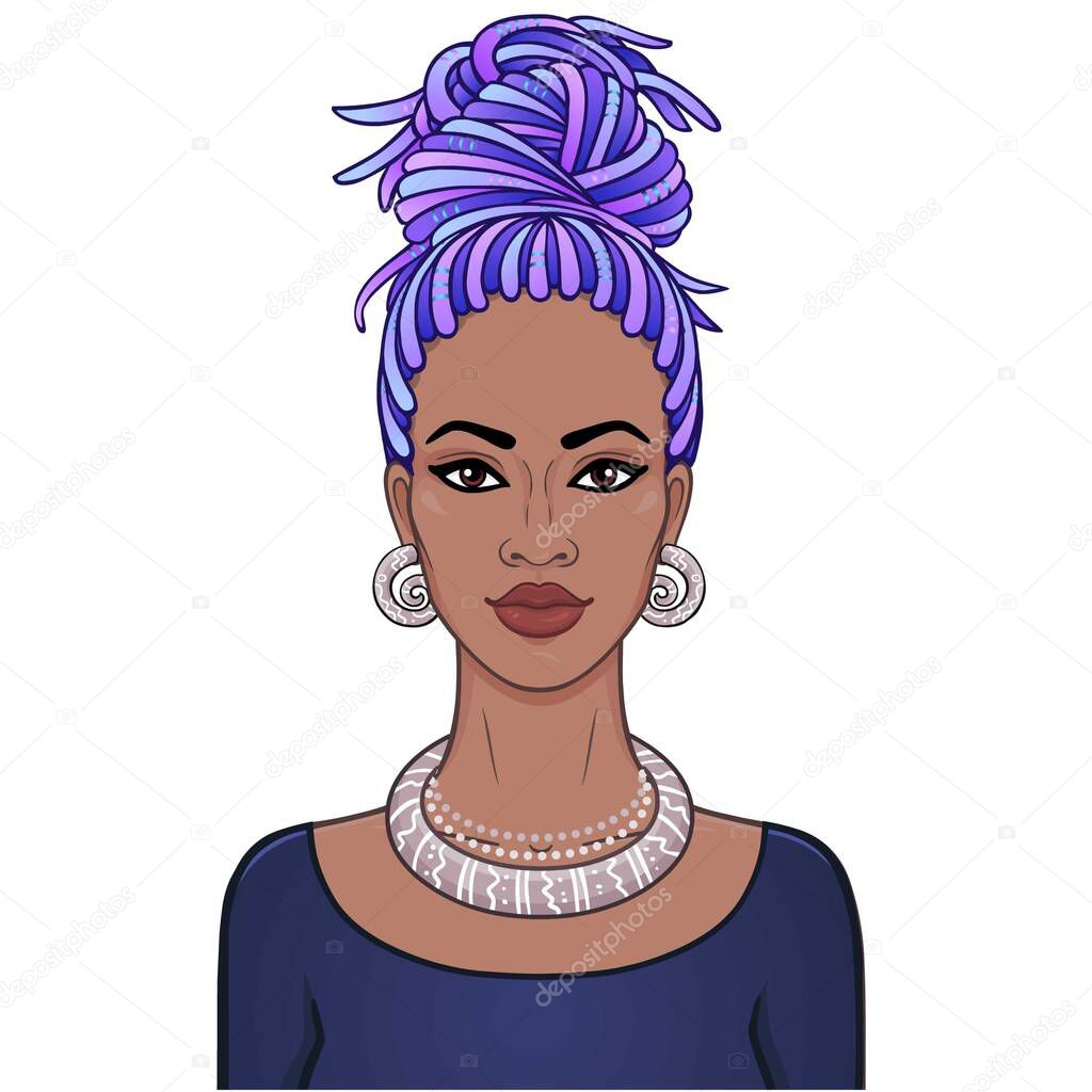 Animation portrait of a young black woman with blue hair. Template for use. Vector illustration isolated on white background.