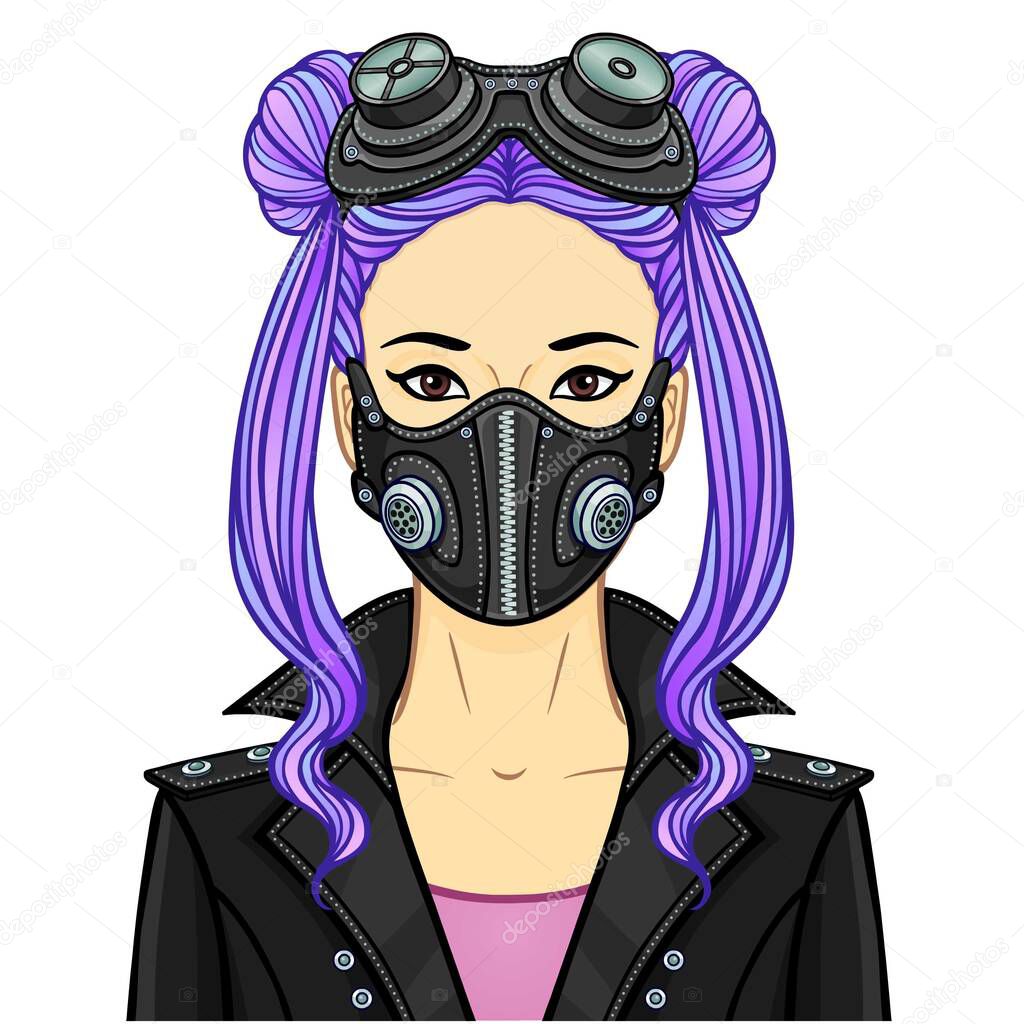 Cartoon portrait of a young Asian woman In protective leather mask and steampunk glasses. Template for use. Vector illustration isolated on white background.