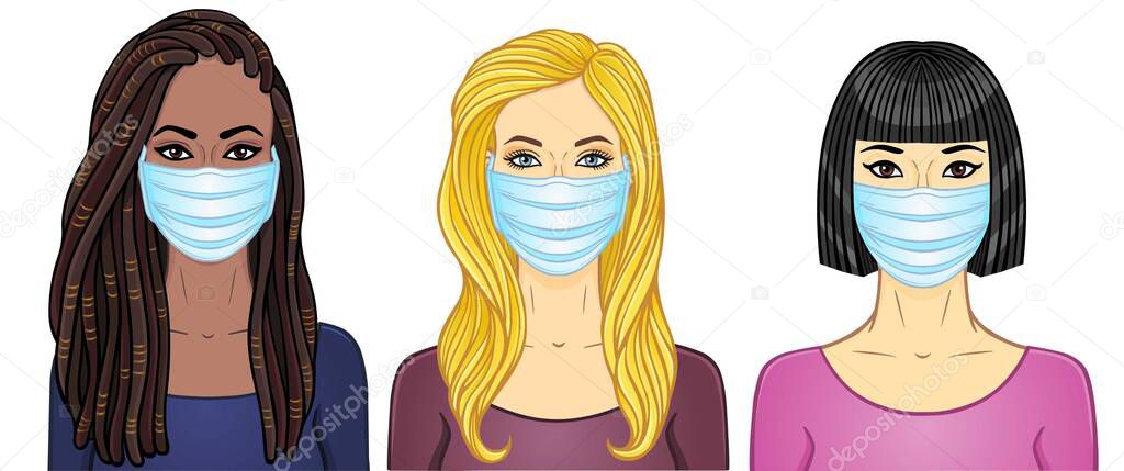 Set of cartoon portraits women of different appearance and nationality in medical masks. Protection against coronovirus epidemic. Template for use. Vector illustration isolated on white background.