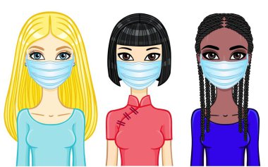 Bir dizi karikatür, farklı görünümlü ve tıbbi maskeli kadınları resmediyor. Koronavirüs salgınına karşı koruma. Kullanım şablonu. Vektör illüstrasyonu beyaz arkaplanda izole edildi.