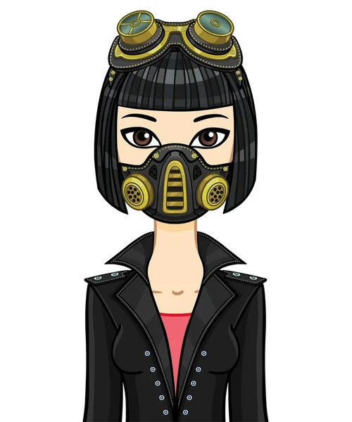 Animatie Portret Van Een Jonge Aziatische Vrouw Beschermende Lederen Masker — Stockvector