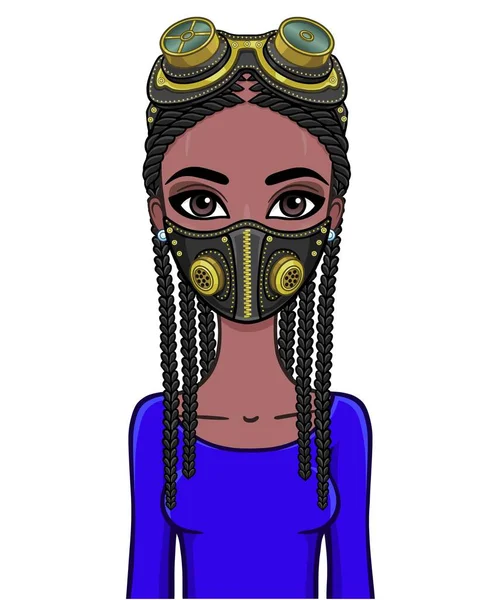 Animation Portrait Young Black Woman Protective Leather Mask Steampunk Glasses — Stock Vector