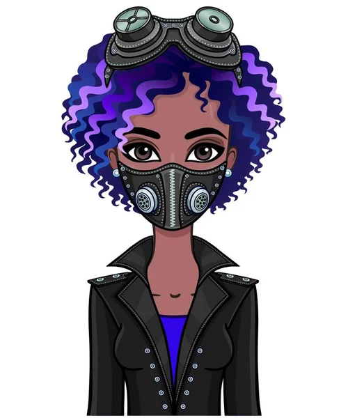 Animation Portrait Young Black Woman Blue Hair Protective Leather Mask — Stock Vector