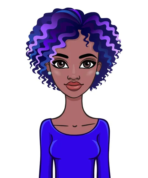 Mavi Saçlı Genç Siyahi Bir Kadının Animasyon Portresi Kullanım Şablonu — Stok Vektör