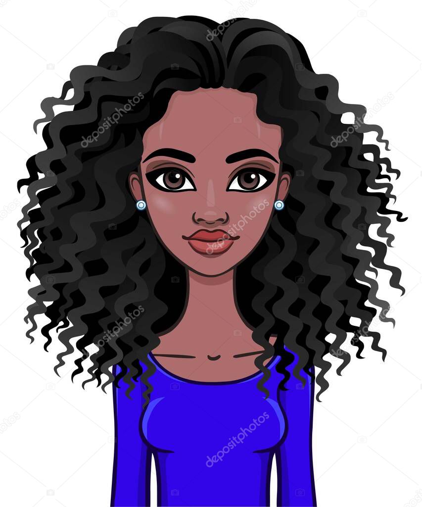 Animation portrait of a young African woman. Template for use.  Vector illustration isolated on white background.