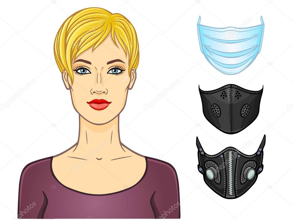 Cartoon portrait of a young white woman, a set of medical masks of different design. Protection against coronavirus epidemic. Template for use. Vector illustration isolated on white background.