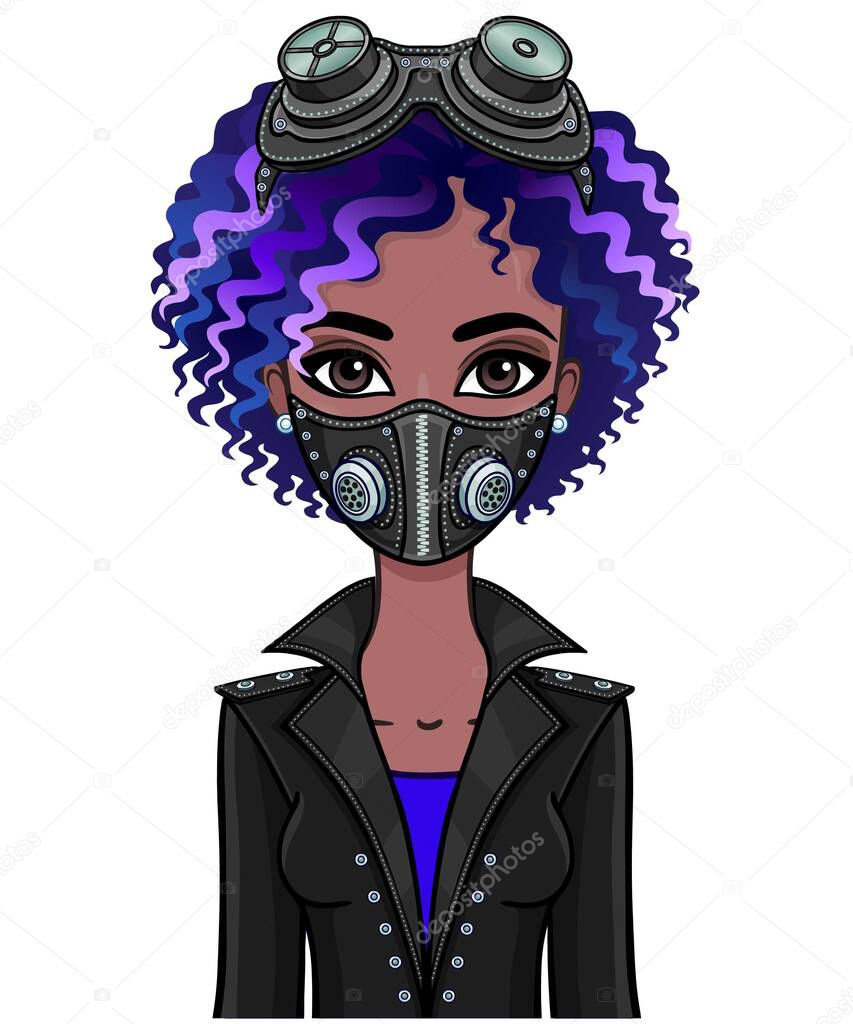 Animation portrait of a young black woman with blue hair In protective leather mask and steampunk glasses. Template for use. Vector illustration isolated on white background.