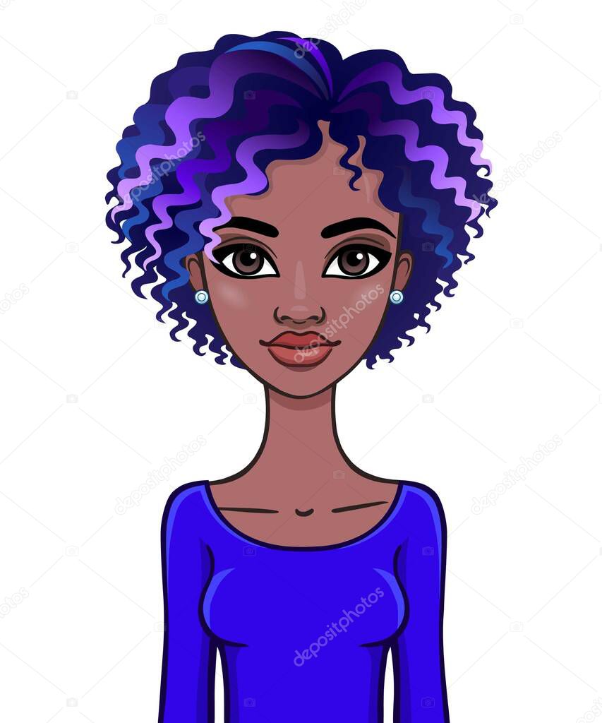 Animation portrait of a young black woman with blue hair. Template for use. Vector illustration isolated on white background.