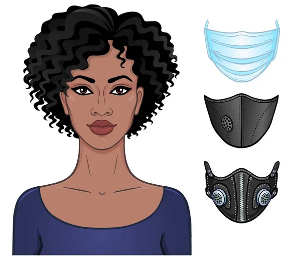 Desenhos Animados Retrato Uma Jovem Mulher Negra Conjunto Máscaras Médicas —  Vetores de Stock