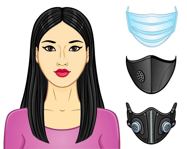 Genç Bir Asyalı Kadının Karikatür Portresi Farklı Tasarım Medikal Maskeler — Stok Vektör