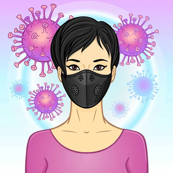 의료용 마스크를 아시아 여성의 애니메이션 코로나 바이러스의 확산으로부터 보호하는 수있는 — 스톡 벡터