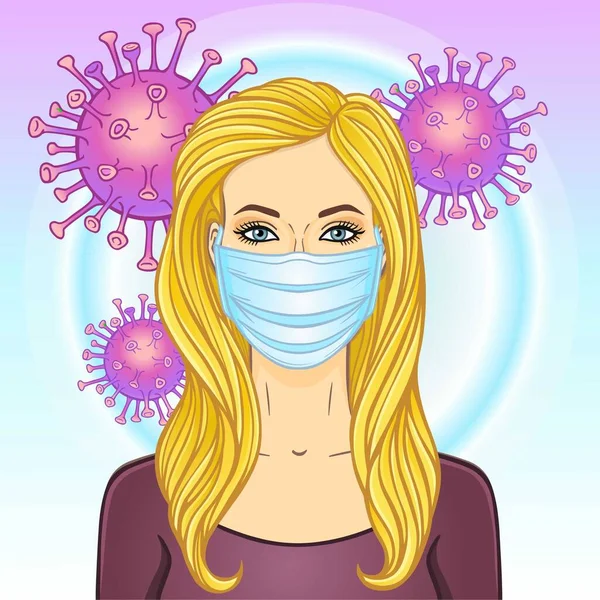 마스크를 여성의 애니메이션 코로나 바이러스의 확산으로부터 보호하는 일러스트 — 스톡 벡터