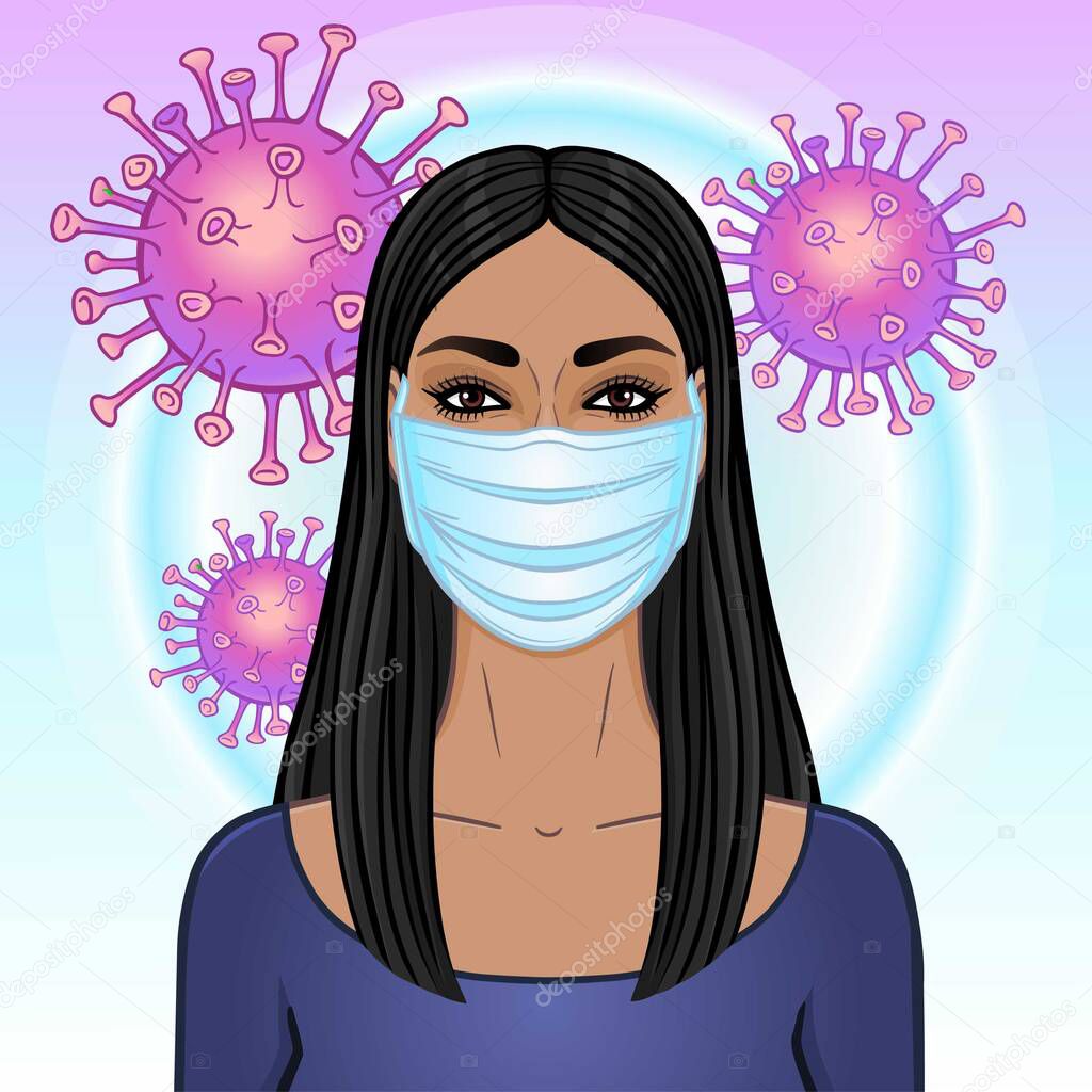 Animation portrait of brunette woman in white medical face mask.  Protection against coronavirus epidemic. Template for use. Vector illustration.