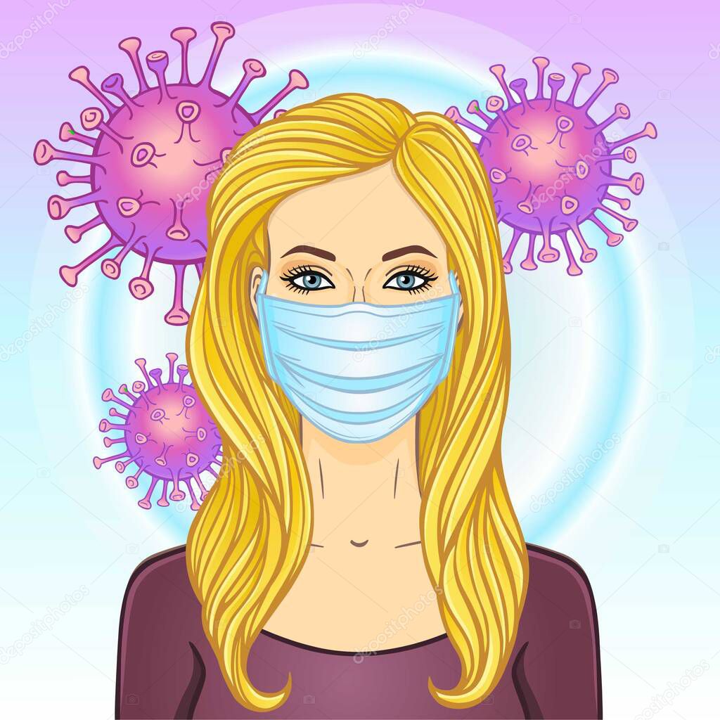 Animation portrait of a blonde woman in white medical face mask. Protection against coronavirus epidemic. Vector illustration.