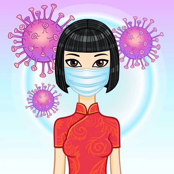 Portrait Animation Femme Asiatique Masque Médical Blanc Protection Contre Épidémie — Image vectorielle