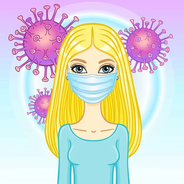 마스크를 여성의 애니메이션 코로나 바이러스의 확산으로부터 보호하는 일러스트 — 스톡 벡터
