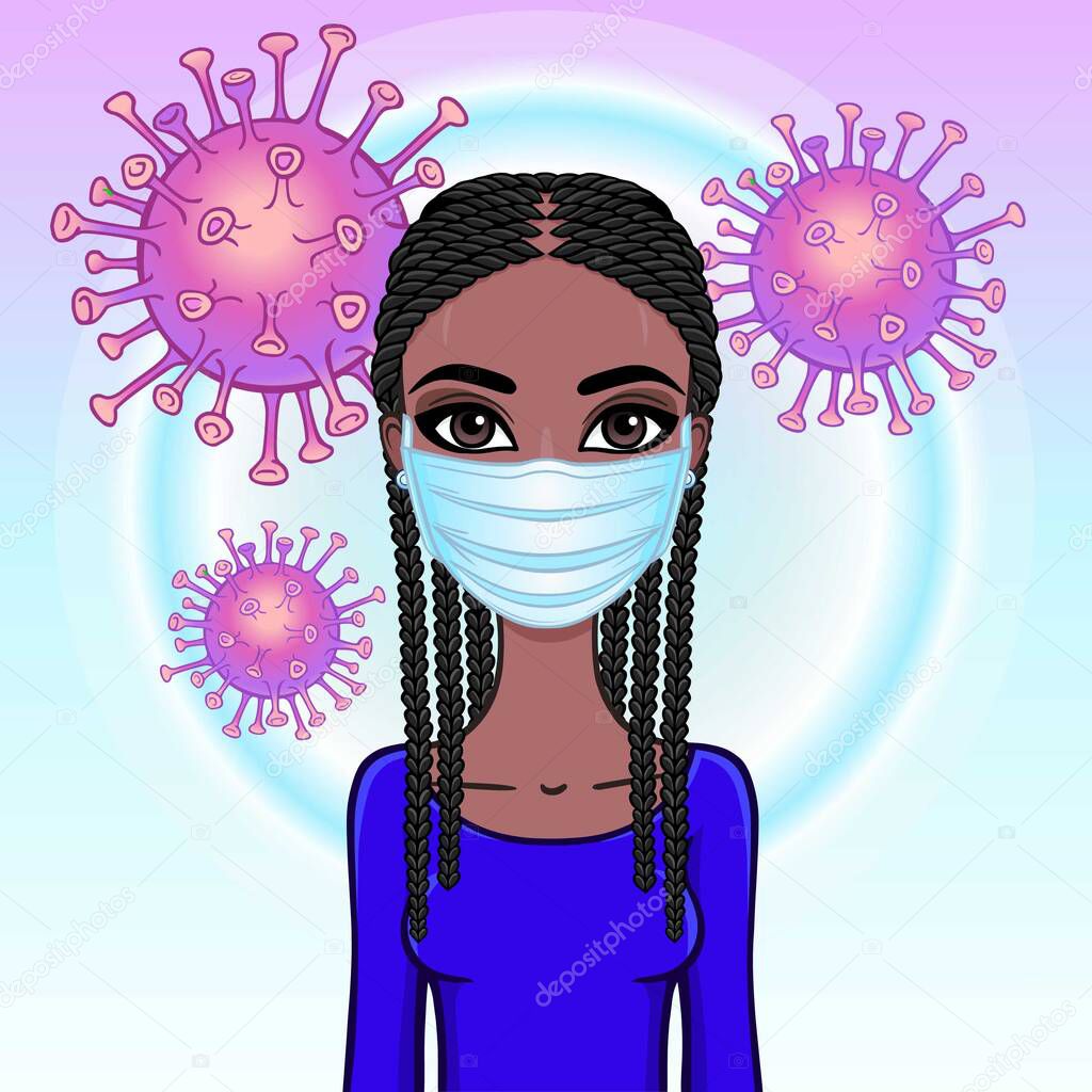 Animation portrait of black woman in white medical face mask.  Protection against coronavirus epidemic. Template for use. Vector illustration.
