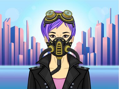 Koruyucu deri maskeli ve steampunk gözlüklü genç bir Asyalı kadının animasyon portresi. Arka plan - modern şehir. Vektör illüstrasyonu.