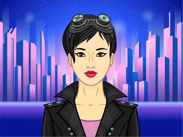 Animatie Portret Van Een Jonge Aziatische Vrouw Een Jas Steampunk — Stockvector
