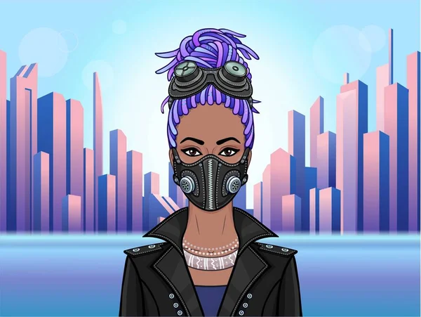 Animation Portrait Young Black Woman Protective Leather Mask Steampunk Glasses Vector Graphics