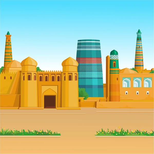 アニメーションカラフルな風景 古代宮殿 ミナレット 中央アジア ベクターイラスト — ストックベクタ