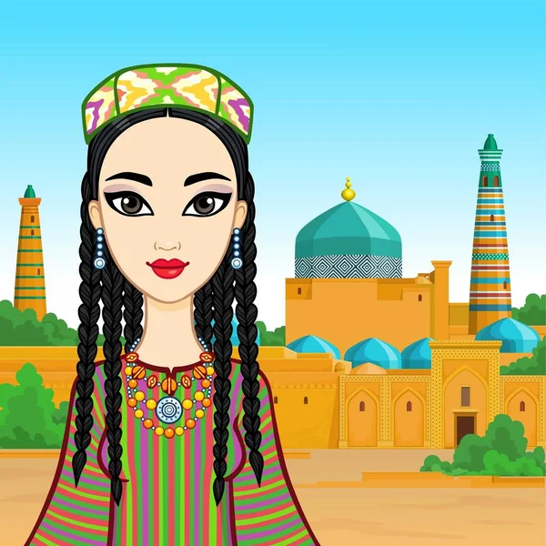 古代の民族衣装や宝石類の美しい少女のアニメーションの肖像画 中央アジア 夏の風景 古代の宮殿 ベクターイラスト — ストックベクタ