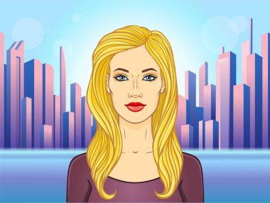 Animation portrait of a young European woman. Background - modern city. Vector illustration. vector Animation portrait of a young European woman. Background - modern city. Vector illustration. vector