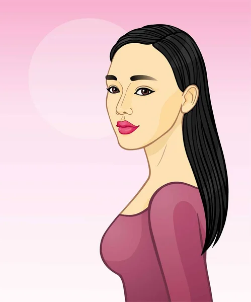 Portrait Animation Une Jeune Femme Asiatique Aux Longs Cheveux Noirs — Image vectorielle