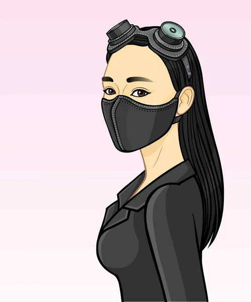 Desenhos Animados Retrato Uma Jovem Mulher Asiática Máscara Protetora Óculos —  Vetores de Stock