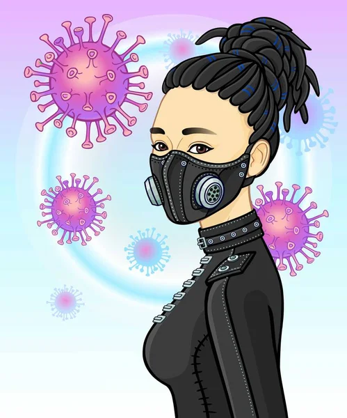 Portrait Animation Femme Asiatique Cuir Protecteur Steampunk Masque Protection Contre — Image vectorielle