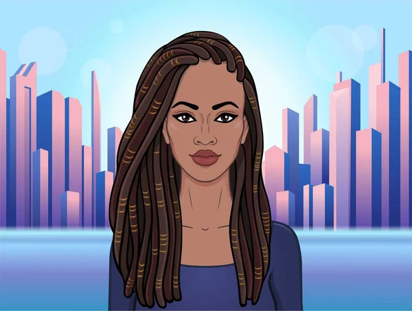 Animation Portrait Young Black Woman Dreadlocks Background Modern City Vector Stock Vector