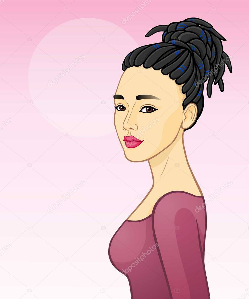 Animation portrait of a young Asian woman with dreadlocks. Template for use. Vector illustration isolated on a pink background.